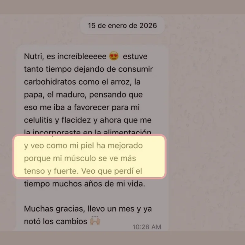 Captura de WhatsApp: “Veo cómo mi piel ha mejorado porque mi músculo se ve más tenso y fuerte.”