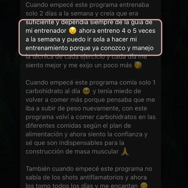 Captura de WhatsApp: “Ahora entreno 4 o 5 veces a la semana y puedo ir sola a hacer mi entrenamiento.”
