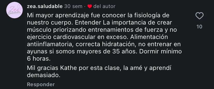 Comentario de una alumna en Instagram